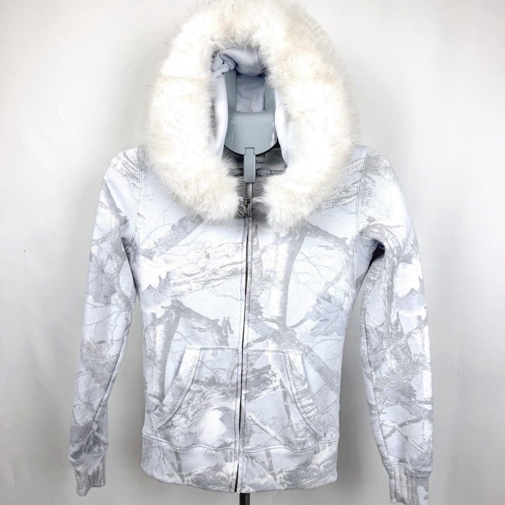 Hollister Fur Hood Hoodie Womens S Winter White Camo Zip Up Jacket Snow Bunny